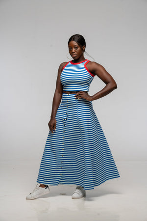 Popper Skirt Midi in Blue / Mint Stripe - Manners London
