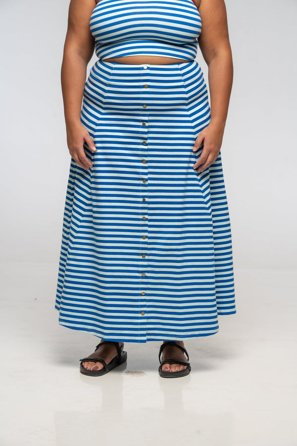 Popper Skirt Midi in Blue / Mint Stripe - Manners London