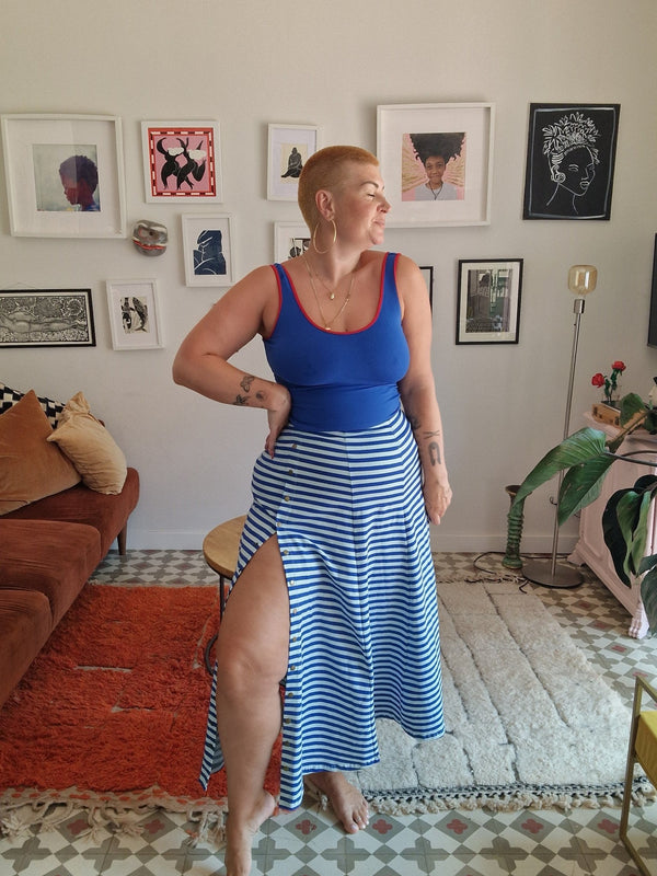 Popper Skirt Midi in Blue / Mint Stripe - Manners London