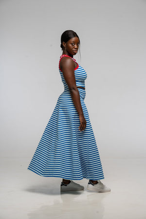Popper Skirt Midi in Blue / Mint Stripe - Manners London