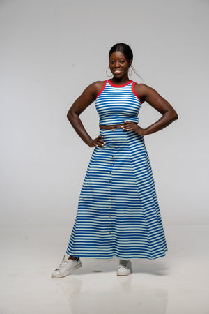 Popper Skirt Midi in Blue / Mint Stripe - Manners London