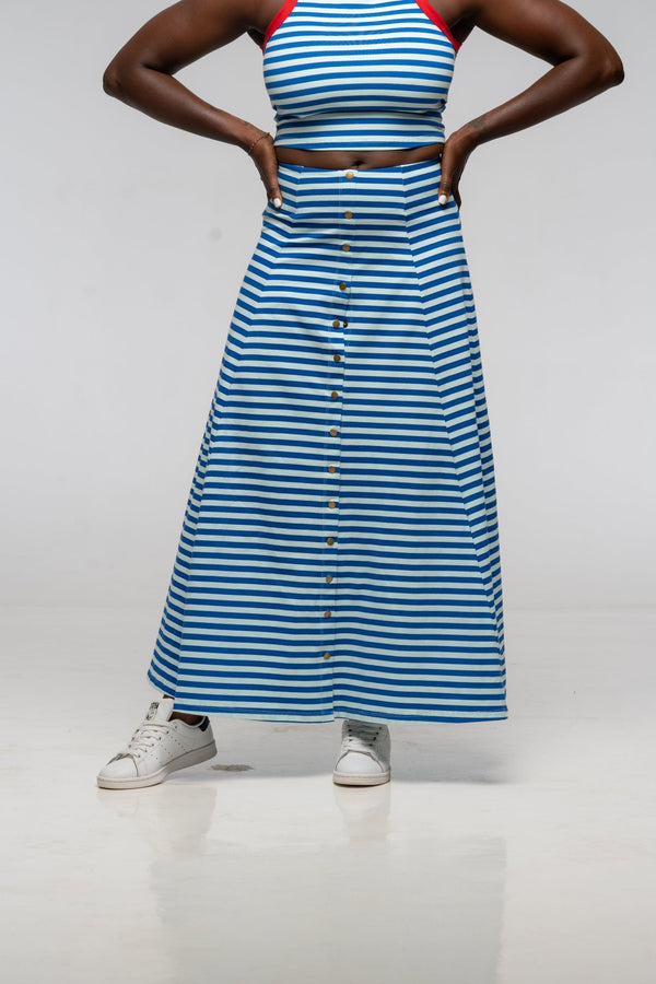 Popper Skirt Midi in Blue / Mint Stripe - Manners London