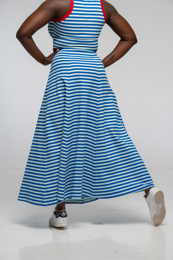 Popper Skirt Midi in Blue / Mint Stripe - Manners London