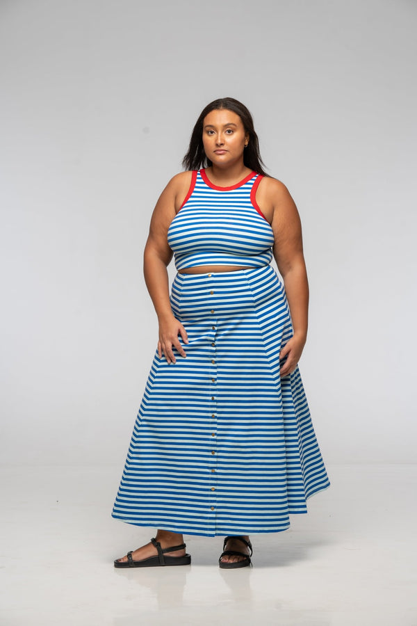 Popper Skirt Midi in Blue / Mint Stripe - Manners London