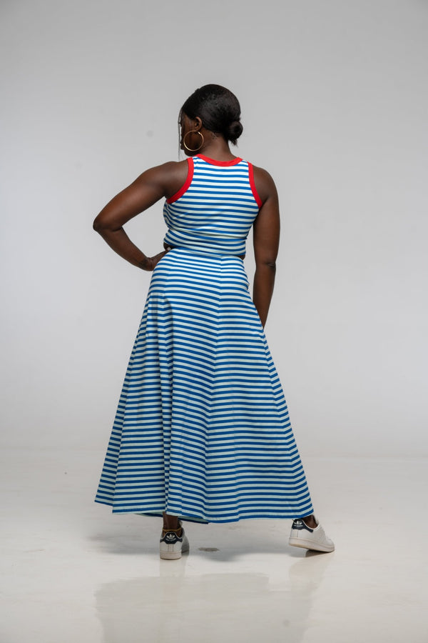 Popper Skirt Midi in Blue / Mint Stripe - Manners London