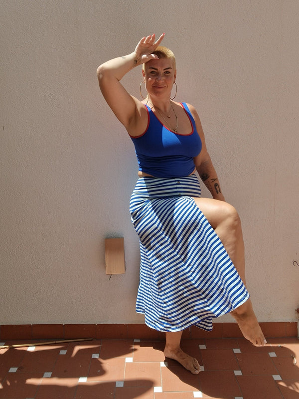 Popper Skirt Midi in Blue / Mint Stripe - Manners London