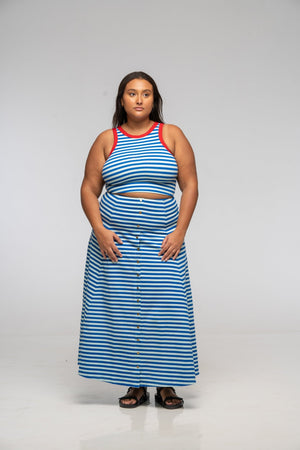 Popper Skirt Midi in Blue / Mint Stripe - Manners London