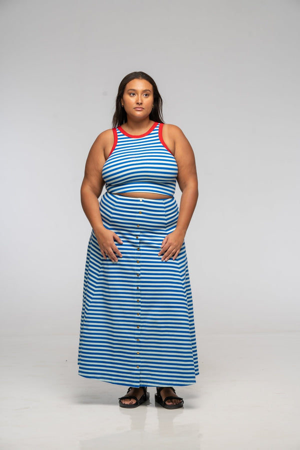 Popper Skirt Midi in Blue / Mint Stripe - Manners London