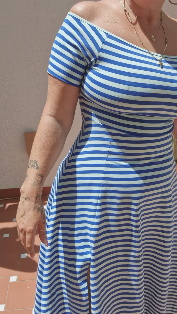Bardot Dress Midi A-Line Regular (short sleeves) in Blue/Mint Stripe
