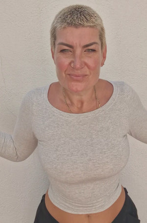 Soft Life Boat Neck Mid Crop Ecovero Top in Grey Marl
