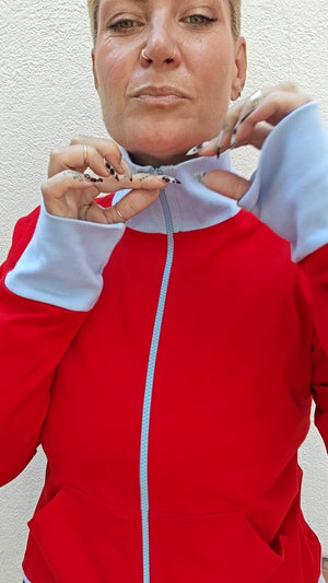 New Zip Jacket in red with pastel blue rib