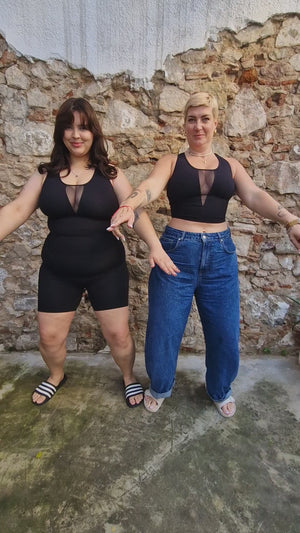Mesh V-Neck Full Length Top sleeveless in Black