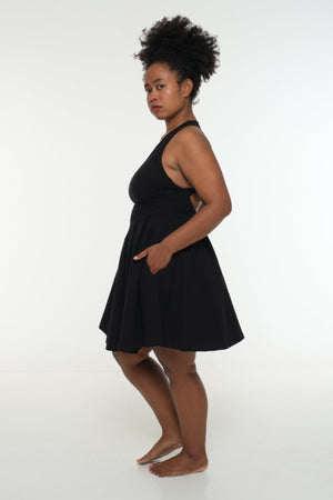 Racer Open Back Puff Dress Mini in Black - Manners London