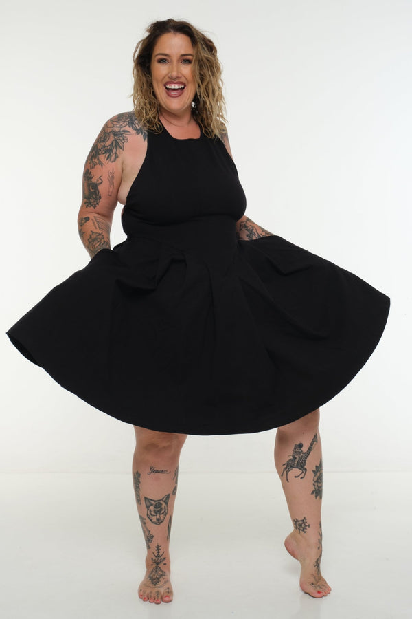 Racer Open Back Puff Dress Mini in Black - Manners London