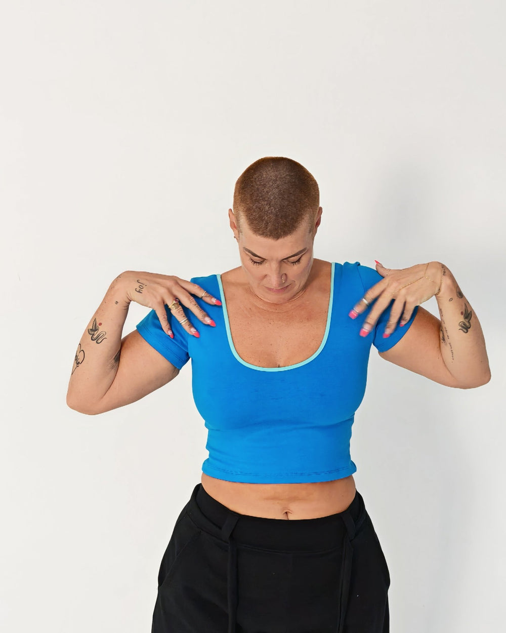 Reversible Crop Tee in Mediterranean Blue (limpet shell edging) - Manners London