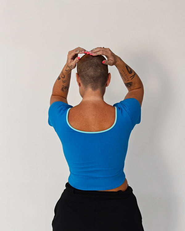 Reversible Crop Tee in Mediterranean Blue (limpet shell edging) - Manners London