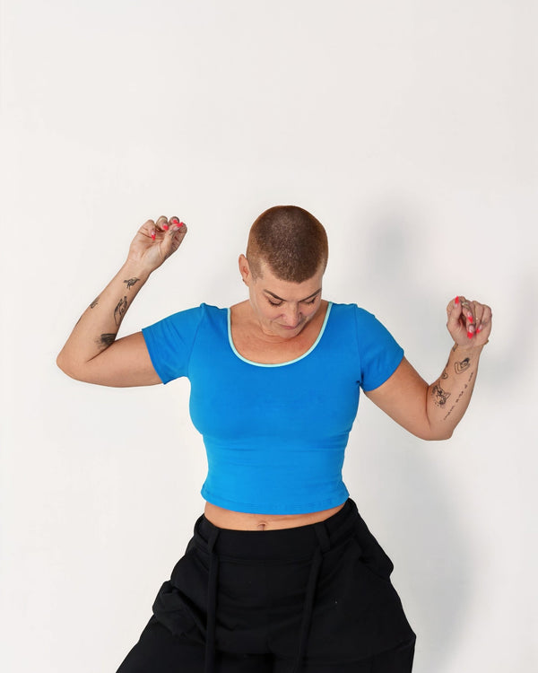 Reversible Crop Tee in Mediterranean Blue (limpet shell edging) - Manners London