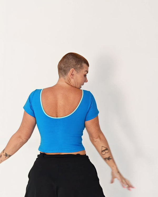 Reversible Crop Tee in Mediterranean Blue (limpet shell edging) - Manners London