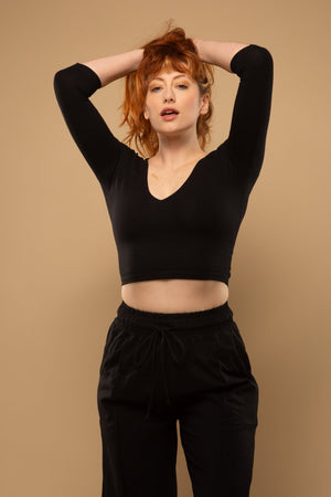 Reversible V - neck Crop Top 3/4 sleeve in Black - Manners London