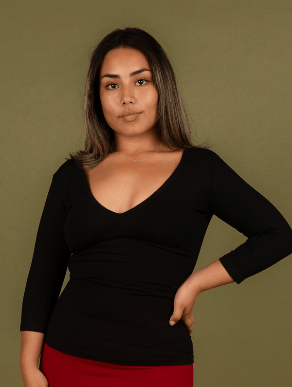 Reversible V - neck Full Length Top 3/4 sleeve in Black - Manners London