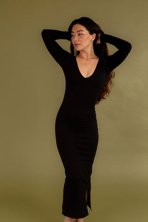 Reversible V - neck Midi Dress in Black - Manners London