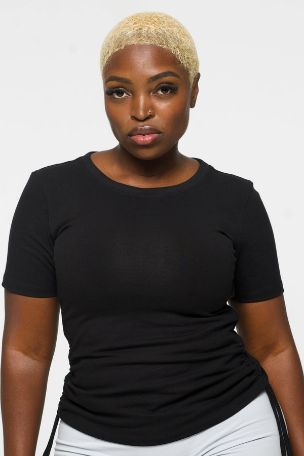 Rib Neck Adjustable length Drawstring Tee in Black - Manners London