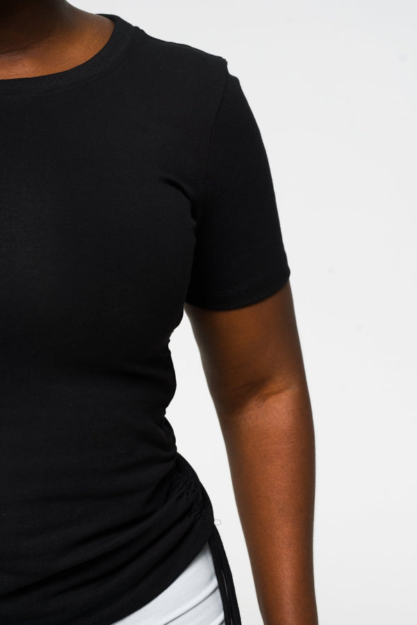 Rib Neck Adjustable length Drawstring Tee in Black - Manners London