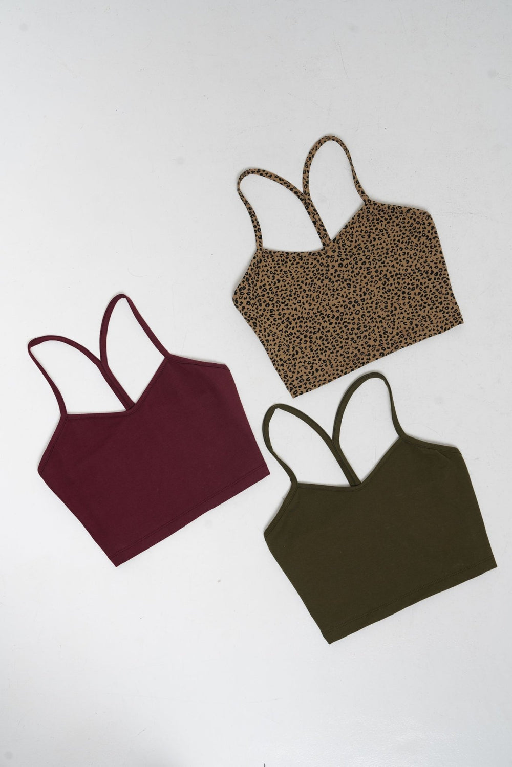 Rich tones PACK of 3 crop Vests! Khaki Green / Tawny Port / Classic Leopard - Manners London