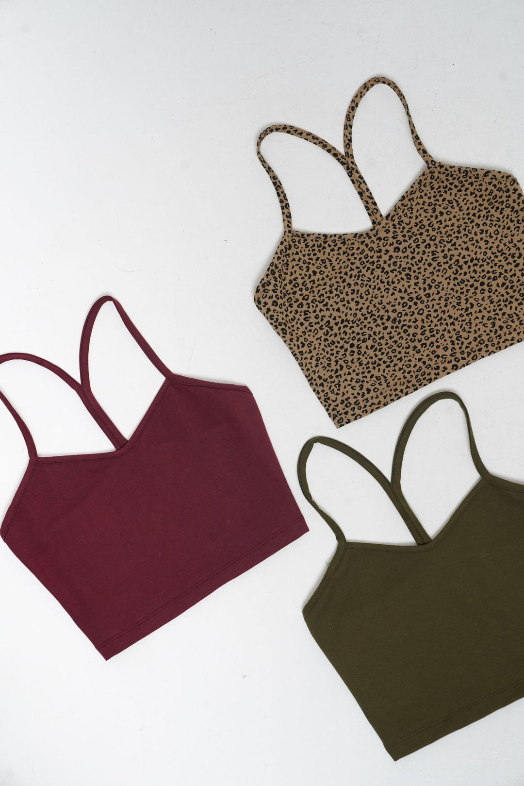 Rich tones PACK of 3 crop Vests! Khaki Green / Tawny Port / Classic Leopard - Manners London