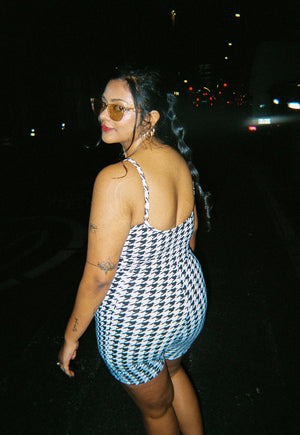 Scoop Vest Playsuit with pockets in Houndstooth Print - Manners London