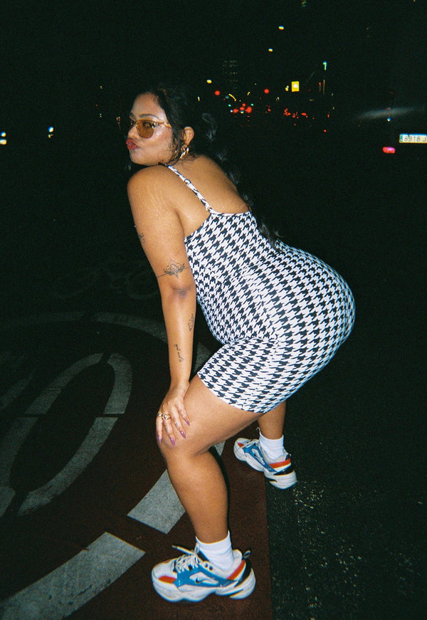 Scoop Vest Playsuit with pockets in Houndstooth Print - Manners London