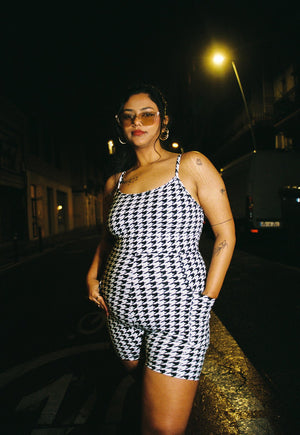 Scoop Vest Playsuit with pockets in Houndstooth Print - Manners London