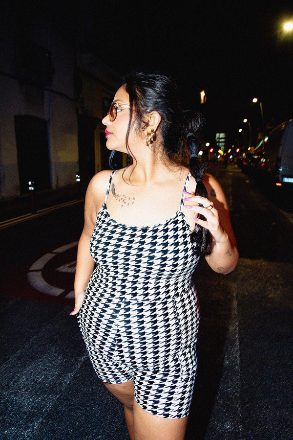 Scoop Vest Playsuit with pockets in Houndstooth Print - Manners London
