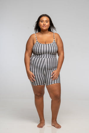 Scoop Vest Playsuit with pockets in Houndstooth Print - Manners London