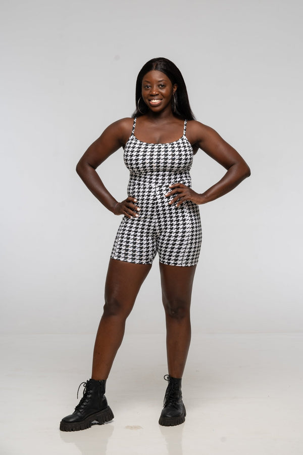 Scoop Vest Playsuit with pockets in Houndstooth Print - Manners London