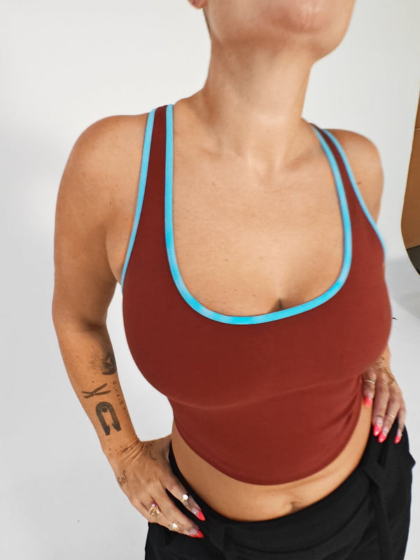 Shinni Neck Crop Tank Top in Paprika /Crystal Seas edging - Manners London