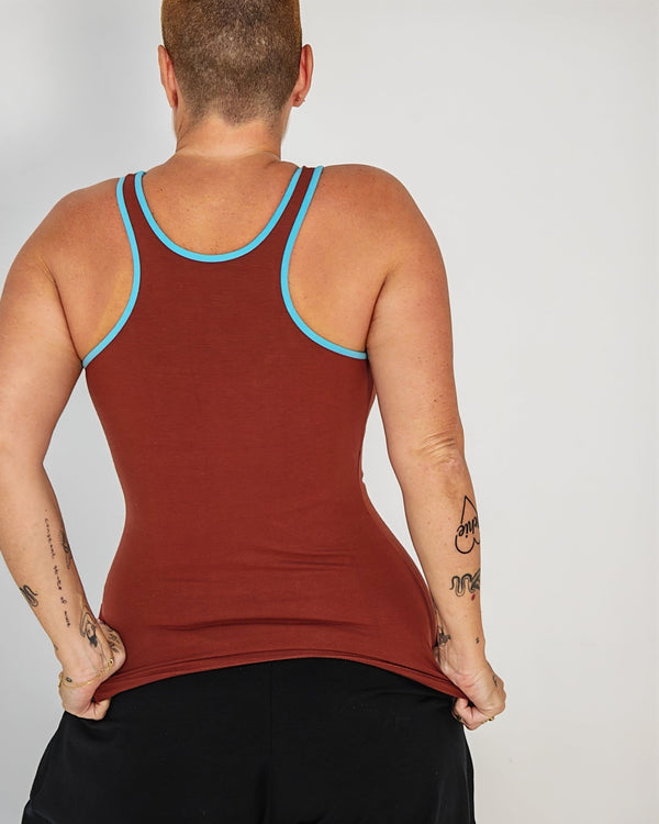 Shinni Neck Full Length Tank Top in Paprika /Crystal Seas edging - Manners London