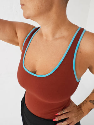 Shinni Neck Full Length Tank Top in Paprika /Crystal Seas edging - Manners London