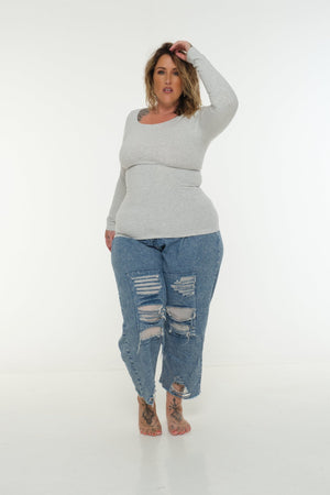 Soft Life Boat Neck Full Length Top in Ecovero in Grey Marl - Manners London