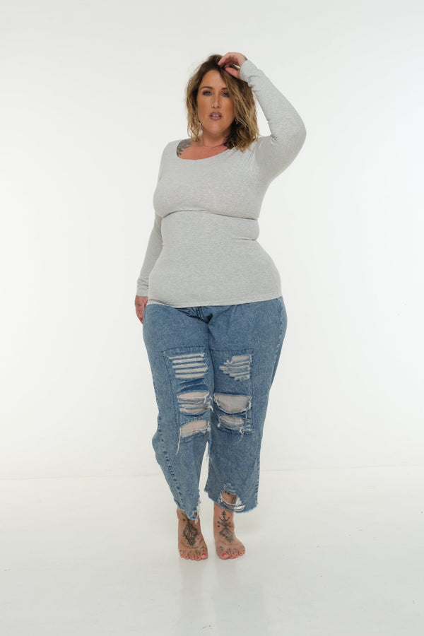 Soft Life Boat Neck Full Length Top in Ecovero in Grey Marl - Manners London