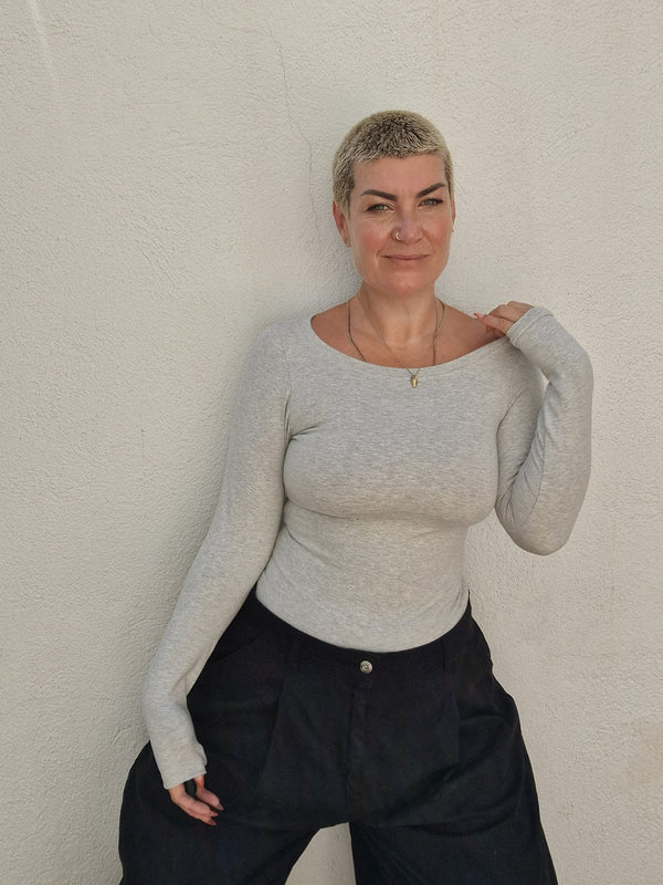Soft Life Boat Neck Full Length Top in Ecovero in Grey Marl - Manners London