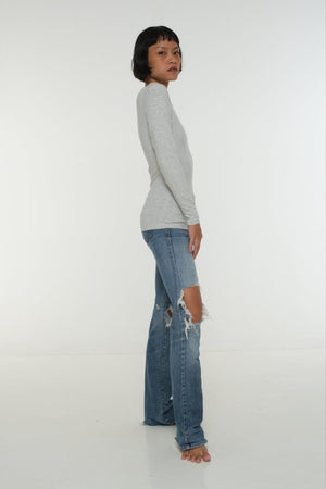 Soft Life Boat Neck Full Length Top in Ecovero in Grey Marl - Manners London