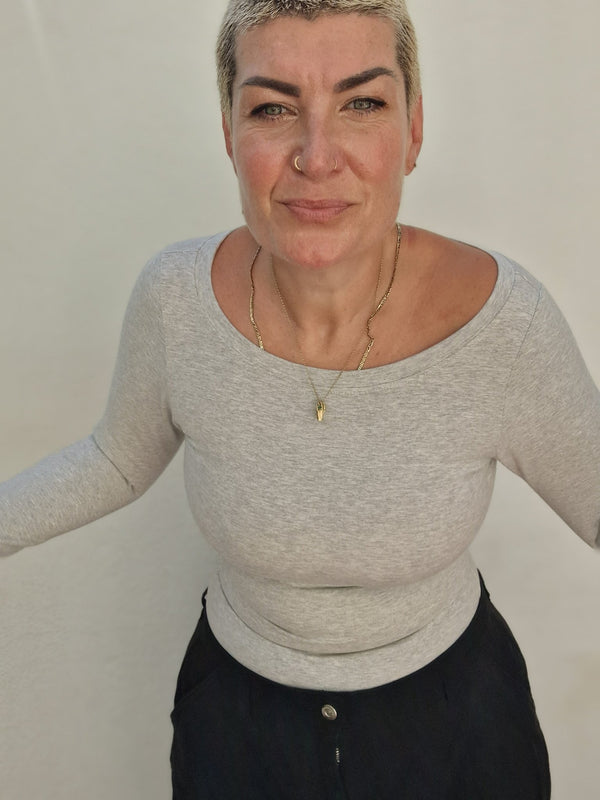 Soft Life Boat Neck Full Length Top in Ecovero in Grey Marl - Manners London