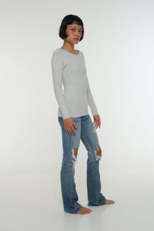 Soft Life Boat Neck Full Length Top in Ecovero in Grey Marl - Manners London