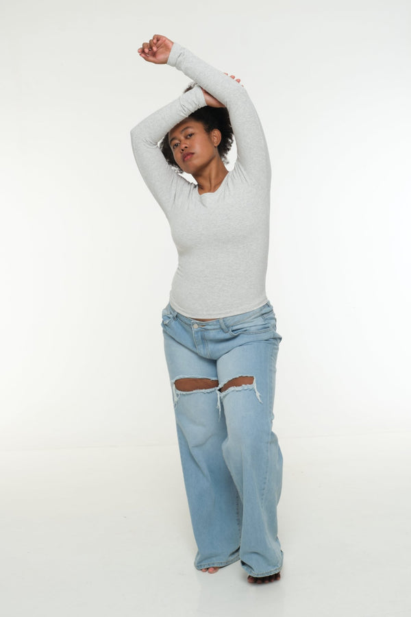 Soft Life Boat Neck Mid Crop Ecovero Top in Grey Marl - Manners London