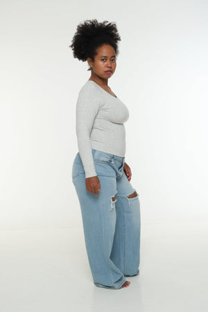 Soft Life Boat Neck Mid Crop Ecovero Top in Grey Marl - Manners London