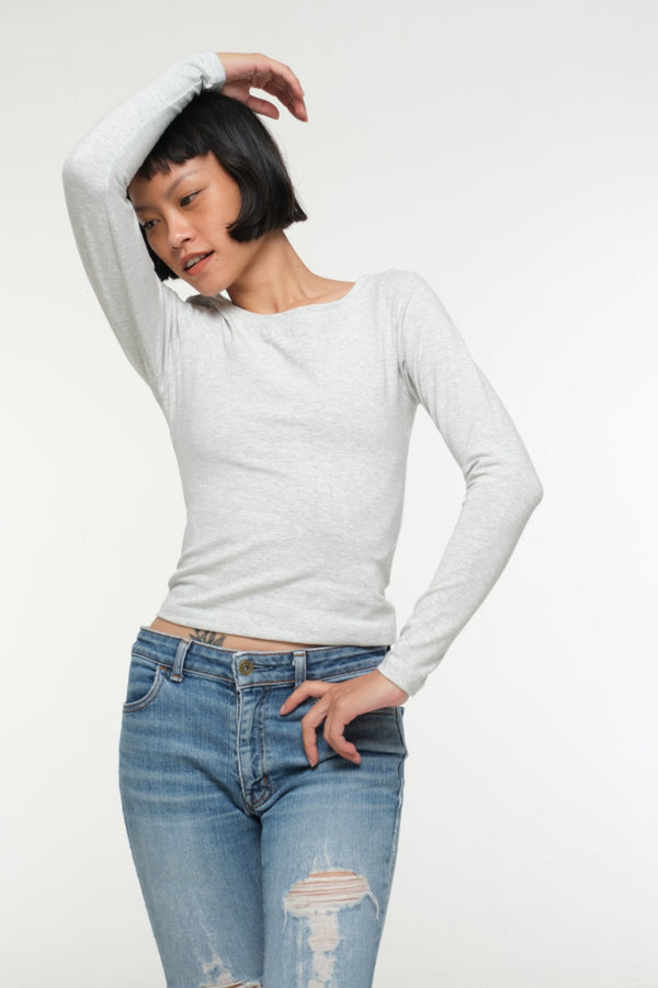 Soft Life Boat Neck Mid Crop Ecovero Top in Grey Marl - Manners London