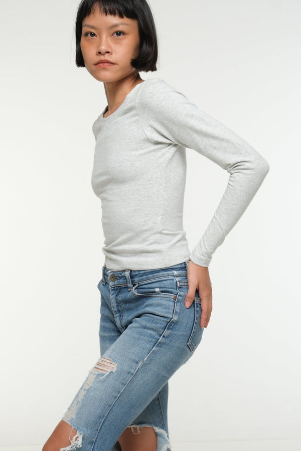 Soft Life Boat Neck Mid Crop Ecovero Top in Grey Marl - Manners London