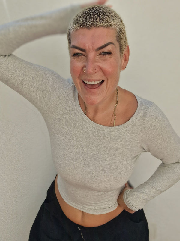 Soft Life Boat Neck Mid Crop Ecovero Top in Grey Marl - Manners London