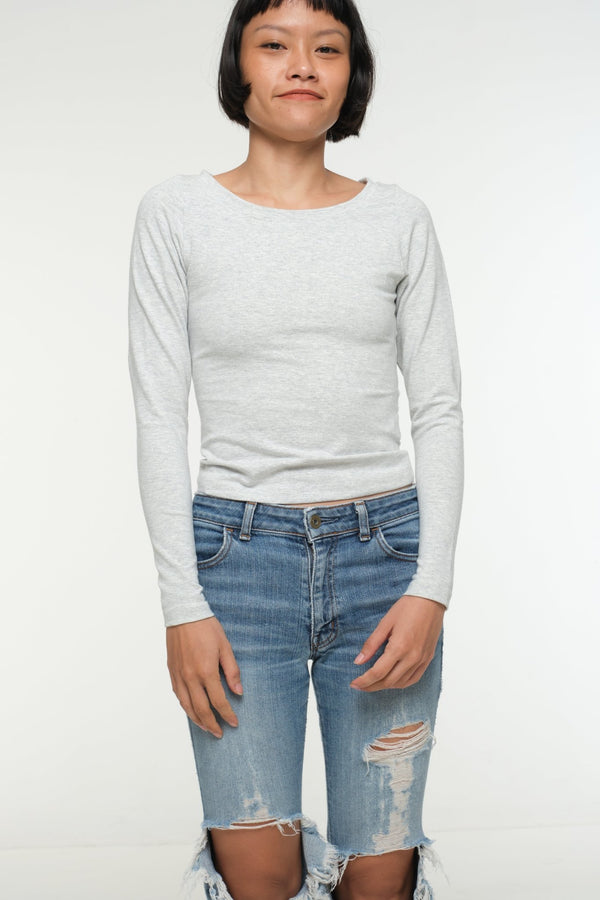 Soft Life Boat Neck Mid Crop Ecovero Top in Grey Marl - Manners London